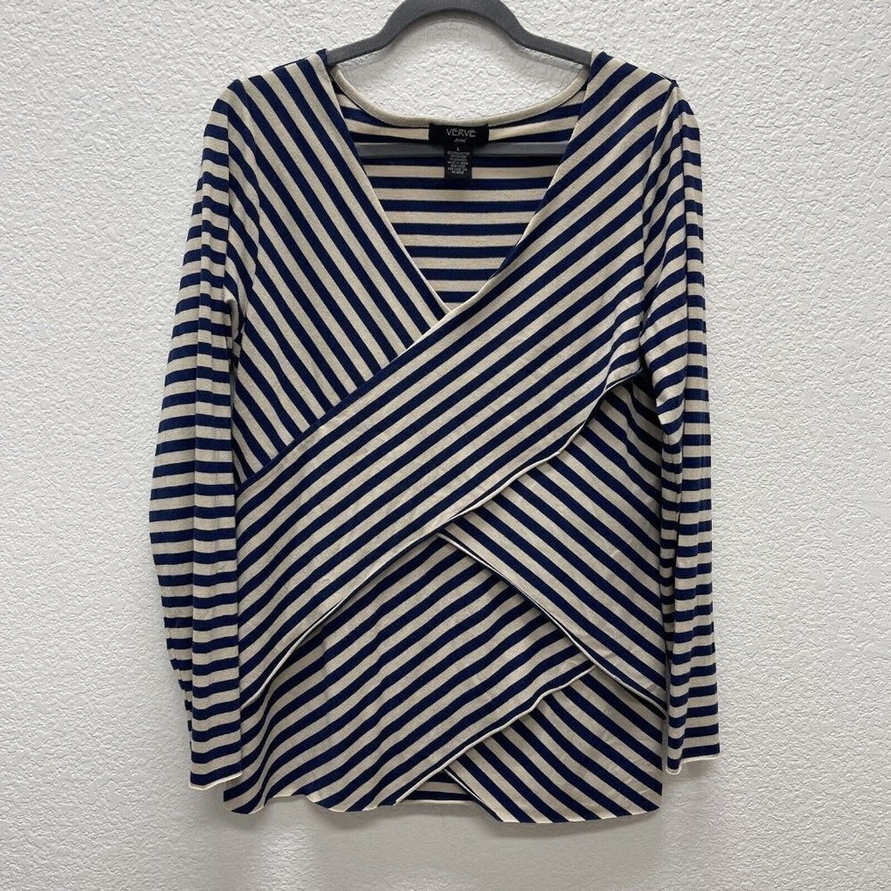 Verve Ami Womens Top Shirt Large Blue Tan Striped Knit Long Sleeves Raw Hems